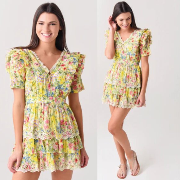 LoveShackFancy Aldina Mini Dress Sz Small Yellow Floral Print Tiered Ruffle - Picture 1 of 9